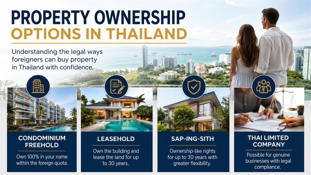 Foreign buyers exploring condominium freehold, leasehold, and legal property ownership options in Thailand.